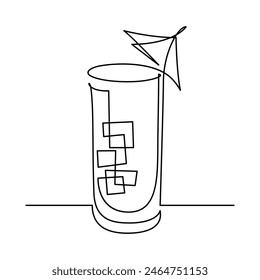 Cocktail drink in continuous line art drawing style. Cool drink with ice cubes and umbrella garnish decoration. Black linear design isolated on white background. Vector illustration