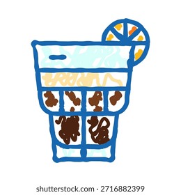Cocktail drink featuring a lemon slice, ice cubes, and a layered liquid, depicted in a hand drawn doodle style, ideal for beverages and refreshment concepts
