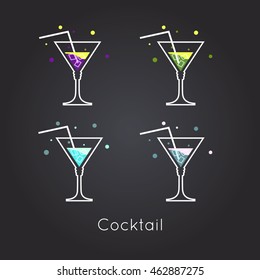 cocktail drink flat colored blue violet yellow green splatters black background