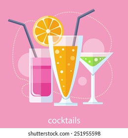 Cocktail drink fruit juice in flat design style. Retro style holiday cocktails. Set of alcoholic cocktails