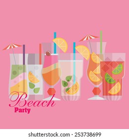 Cocktail drink fruit juice in flat design style. Retro style holiday cocktails. Set of alcoholic cocktails
