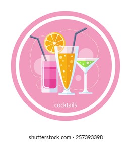 Cocktail drink fruit juice in flat design style. Retro style holiday cocktails. Set of alcoholic cocktails