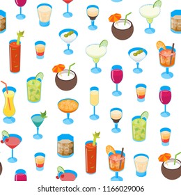 Cocktail Drink in Glass 3d Seamless Pattern Background on a White Alcohol Beverage for Bar, Restaurant or Party. Vector illustration