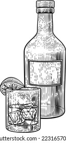 A cocktail drink in a glass with ice and lemon or lime accompanied by a bottle in a vintage woodcut engraved or etched style