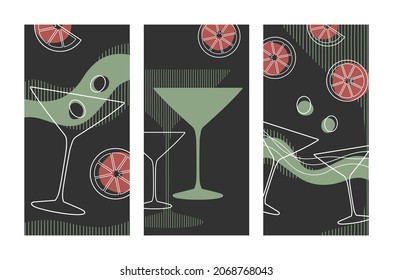 Cocktail drink glass orange and olives  line art vector, mixology social media story set backgrounds