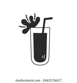 Cocktail drink in glass with straw and flower icon. Hand drawn beverage symbol in doodle style. Alcohol juice isolated vector illustration