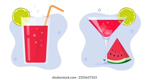 Cocktail drink glasses vector icon set graphic illustration image clipart, red tropical juice sweet strawberry beverage with lime slice and watermelon
