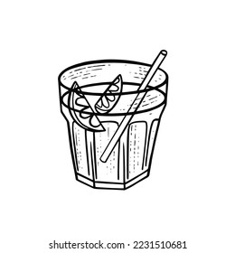 Cocktail or drink hand drawn engraving style vector illustration. Black color object isolated on white background.