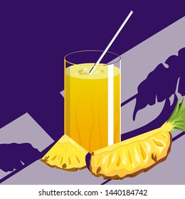 Cocktail drink with ice and pineapple. Wooden table backgound in sunny day, tropical leaf shadow. Vacation, party concept. Vector illustration.