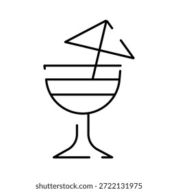 Icono de cóctel que captura la esencia del refrigerio y la celebración, con una sombrilla y paja en una ilustración estilizada y minimalista de arte lineal, ideal para bebidas y conceptos de fiesta