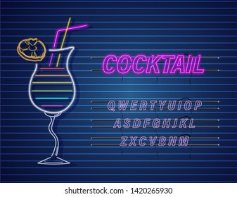 Cocktail drink neon Vector. Summer tropic drink banner poster