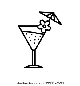 Cocktail drink on glass cup with flower and umbrella in black outline style