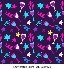 Cocktail drink party 80s retro seamless vector pattern. Cartoon illustration