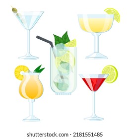 cocktail drink set cartoon. bar alcohol glass, ice gin, party vodka liquor beverage, summer juice cocktail drink vector illustration