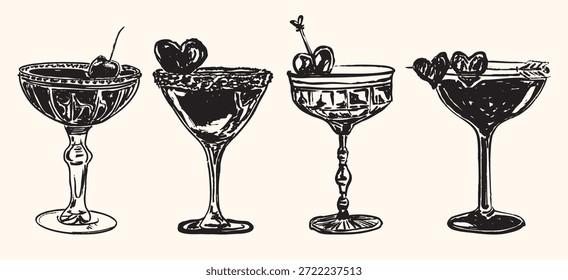 Set de cócteles con bebidas variadas servidas en elegantes vasos. Ideal para menús de bar, promociones de restaurantes, celebraciones de fiestas, imágenes de la vida nocturna y presentaciones de bebidas con estilo.