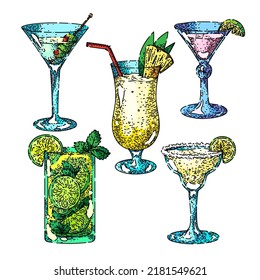 cocktail drink set hand drawn vector. bar alcohol glass, ice gin, party vodka liquor beverage, summer juice cocktail drink sketch. isolated color illustration
