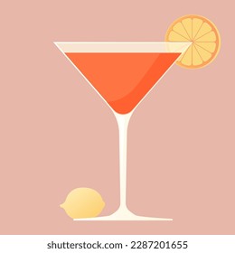 Cocktail drink with a slice og lemon. Cold drink for bar and party. Rose wine for event. Flat vector illustration with texture. simple retro cocktail poster