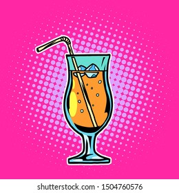 cocktail drink with straw and ice. Comic cartoon pop art retro vector drawing illustration