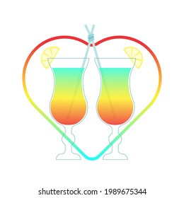 Cocktail, drink two glasses, heart, icon, lovers, LGBT, exotic, summer refreshing cocktail with lemon, love on the beach, summer, isolated, on a white background.