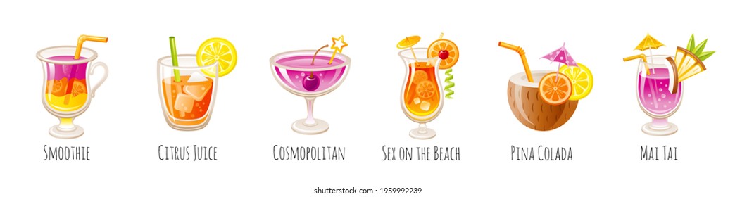 Cocktail drink. Vector glass with alcohol isolated. Martini, margarita, juice, mojito, cosmopolitan set. Summer bar drinks with ice illustration. Cartoon party beverage icon. Tropical cocktail menu 