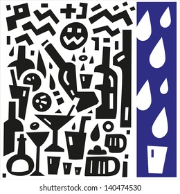 Cocktail and drinking glasses and bottles - abstract vector illustration