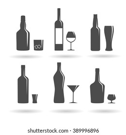 Cocktail and drinking glasses and bottles. Vector illustration