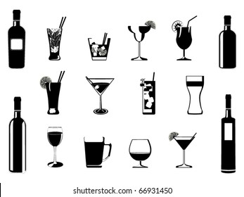 Cocktail And Drinking Glasses And Bottles Vector