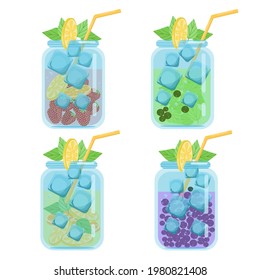 Cocktail drinks.Set of bright juicy fruit cocktails in glass jars, vector illustration in flat style, isolated, cartoon.