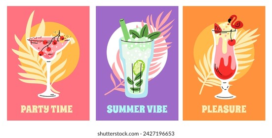 Cocktail drinks cards. Summer party beverages. Various liqueurs and sodas. Alcohol tropical compositions. Pina colada glass. Cold mojito. Margarita decorated with fruits