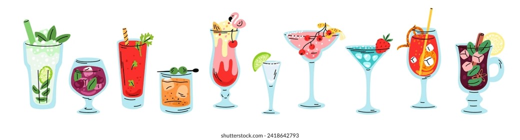 Cocktail drinks. Different alcoholic beverages. Popular bar menu. Various glasses. Exotic ingredients. Ice cubes and straw. Fresh tropical juice. Daiquiri and margarita