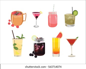 Cocktail drinks flat illustration set, for menu