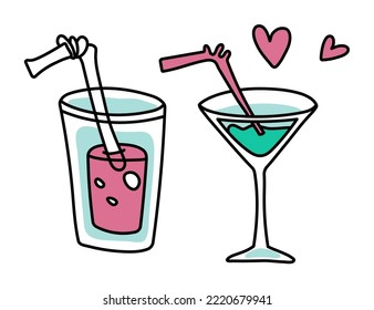 Bebidas de cóctel en copas mínima ilustración de doodle de línea vectorial para los conceptos de fiesta de verano o menú de barra de alcohol.