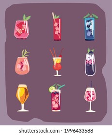 Cocktail drinks icon group on purple background