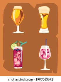 Cocktail drinks icon set on orange background