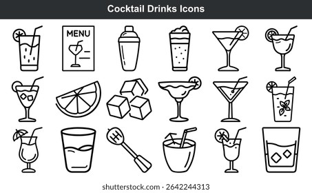 Cocktail Drinks Icons Black Line Art Set