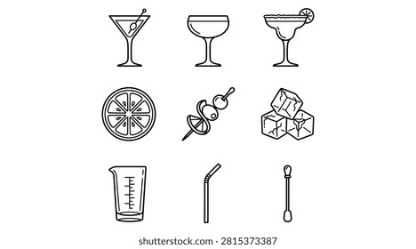 Cocktail drinks line icon set with martini glass wine glass ice cubes straw and cocktail stick vector illustration
Modern line icon collection of cocktail and bar essentials including martini glasses, wine glasses, ice cubes, a drinking straw and cocktail stick. Ideal for bar menus, nightlife promotions and beverage branding.