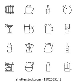 Cocktail drinks line icons set. linear style symbols collection, outline signs pack. vector graphics. Set includes icons as beer mug, wine bottle, water, coffee maker machine, fresh apple juice glass