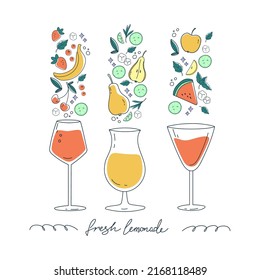 Cocktail drinks lined up. Trendy summer beach party invitation design, alcoholic drinks bar menu, cocktail card. Used summer color combinations with pear, apple, lime, watermelon. vector illustration.