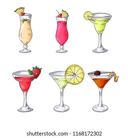 Cocktail drinks set in different glass in hand drawn sketch style. Alcoholic drinks in glasses in vintage drawing vector illustration.