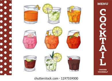 Cocktail drinks set in different glass in hand drawn sketch style. Alcoholic drinks in glasses in vintage drawing vector illustration.