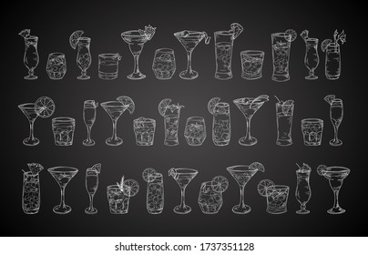 Cocktail drinks set in different glass in hand drawn sketch style. Alcoholic drinks in glasses in vintage drawing vector illustration on chalkboard background.