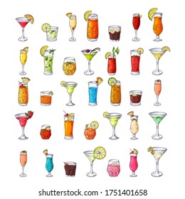 Cocktail drinks set in different glass in hand drawn sketch style. Alcoholic drinks in glasses in vintage drawing vector illustration.