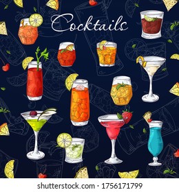 Cocktail drinks set in different glass in hand drawn sketch style. Alcoholic drinks in glasses in vintage drawing vector illustration.
