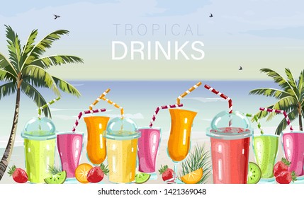Cocktail drinks set Vector. Fresh juicy smothies and beverages on seaside background. summer tropic template beach bar