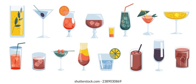 Cocktail drinks. Tropical vermouth, cold champagne and rum, cold fruit drinks, alcoholic beverages with ice. Bar menu vector set. Glasses with alcohol drinks with whiskey and exotic ingredients