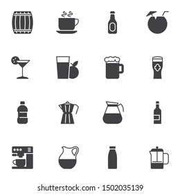 Cocktail drinks vector icons set, modern solid symbol collection, filled style pictogram pack. Signs, logo illustration. Set includes icons as beer mug, wine bottle, water, fresh apple juice glass