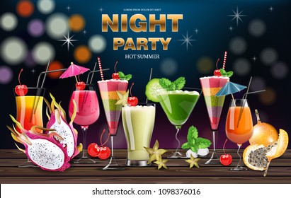 Cocktail drinks Vector realistic banner. Night party template with summer drinks collection. 3d illustrations