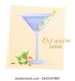 Cocktail dry martini in a glass, olives on a skewer, on a yellow background. The concept of a party, cocktail bar, summer. Isolated vector illustration for menu design, posters, banners, covers