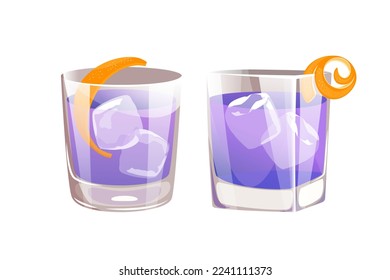 Cocktail Empress.Lavender gin on the rocks.Refreshing purple drink.Vector illustration.