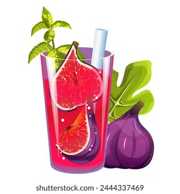 Cocktail with figs. Fruity summer juice. Smoothie with fresh fruit. Lemonade with figs. Vector illustration.